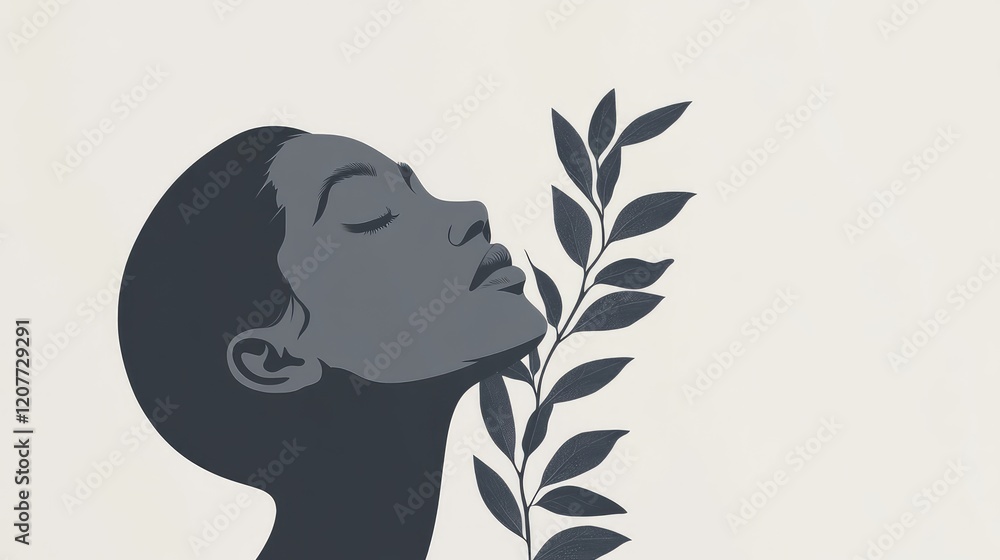 Calming minimalist graphic design featuring a serene profile silhouette with gray tones and green foliage promoting mental health awareness. Calming minimalist graphic design featuring a serene profile silhouette with gray tones and green foliage promoting mental health awareness.