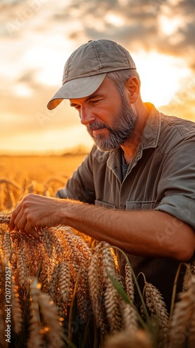 Farmer inspecting wheat crop during sunset in a golden field