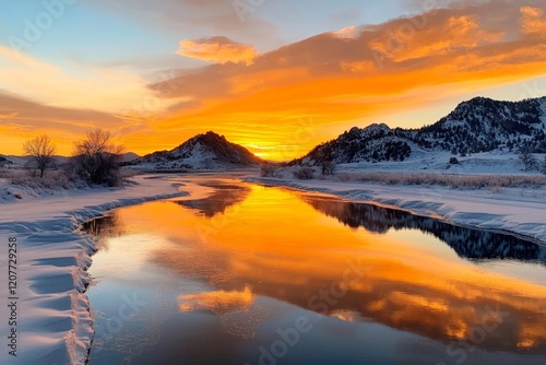 Wallpaper Mural A dramatic sunset over the Powder River, with the sky ablaze in hues of orange and pink reflecting in the water Torontodigital.ca