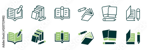 education open book and crayon icon line set study writing task with pencil learning school literature signs vector illustration