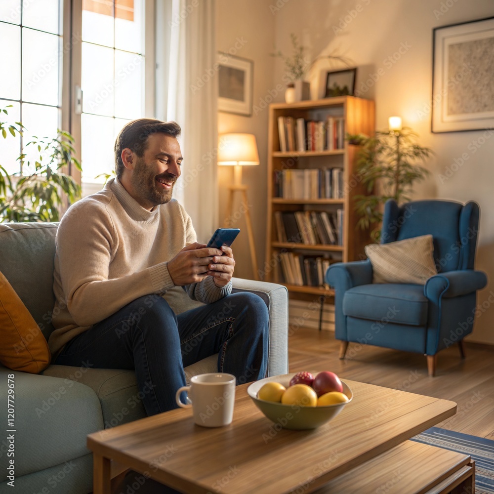 Cozy living room, smiling man on sofa, smartphone, coffee mug, warm lighting, bookshelf background, Cozy living room, smiling man on sofa, smartphone, coffee mug, warm lighting, bookshelf background,