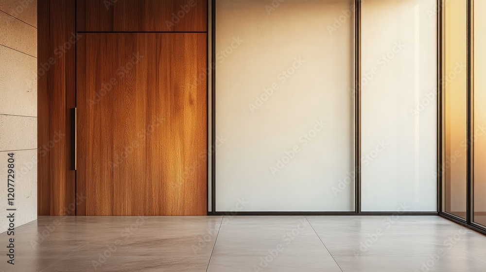Fototapeta premium Nowoczesny wystrój wnętrz z drewnianymi akcentami i szklanymi panelami na pustej ścianie w ciepłych, neutralnych barwach i minimalistycznej estetyce.