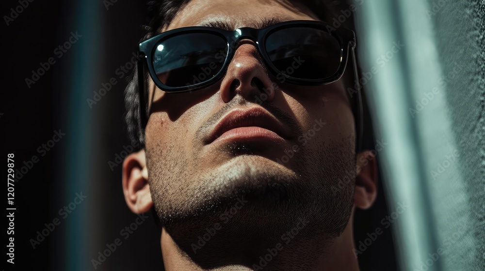 Fototapeta premium Close-up Portrait of Male with Dark Sunglasses and Natural Light Casting Shadows on Face in Urban Setting