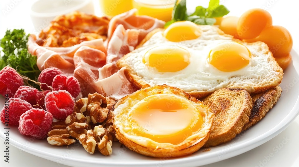 Fresh and nutritious light breakfast platter with eggs, bacon, fruits, and nuts isolated on a white background Fresh and nutritious light breakfast platter with eggs, bacon, fruits, and nuts isolated on a white background