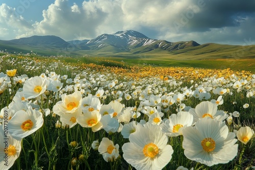 Vibrant wildflower field featuring yellow and white blooms under a clear blue...