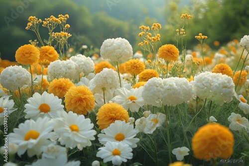 Vibrant wildflower field featuring yellow and white blooms under a clear blue...