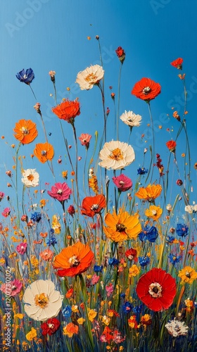 Vibrant wildflower field blooming under clear blue sky in bright sunlight