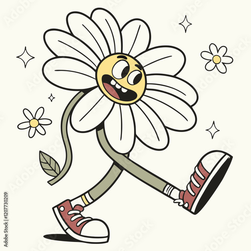 Groovy Retro Cartoon Daisy Chamomile Flower with Silly Face and Hipster Shoe