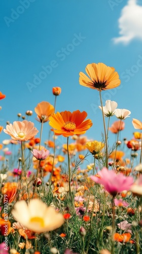 Vibrant wildflower field blooming under clear blue sky in bright sunlight