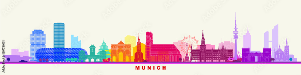 Obraz premium Munich City landmarks abstract banner wall art rainbow vector design, Germany.
