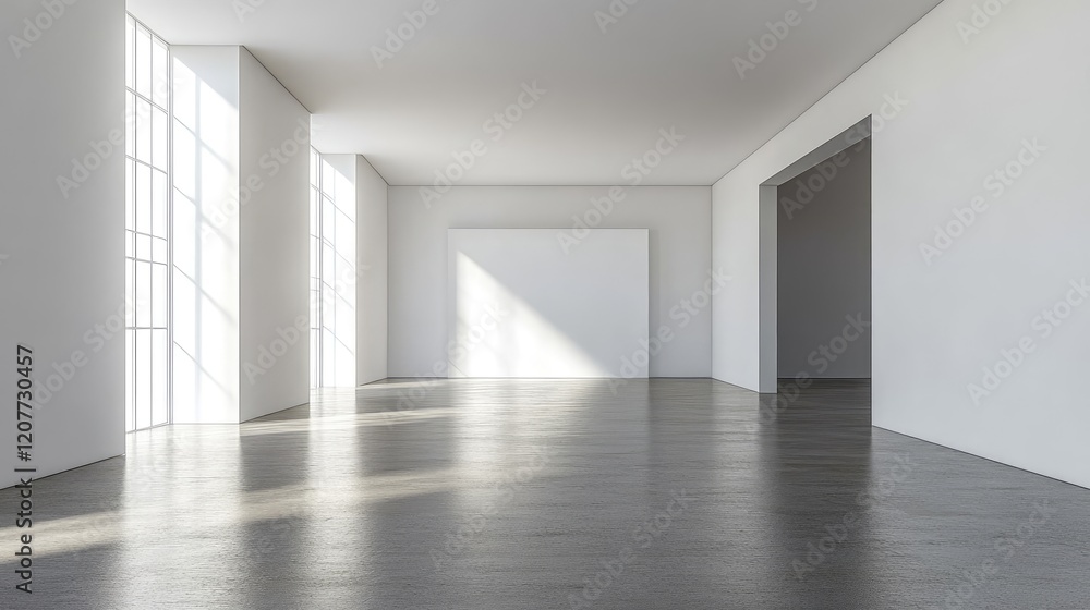Fototapeta premium Minimalist Interior Space with Bright Natural Light and White Walls in Modern Architectural Design, Empty Room with Glossy Gray Floor
