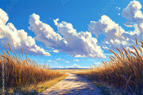 Golden wheat field under a bright blue sky with fluffy white clouds on a sunn...