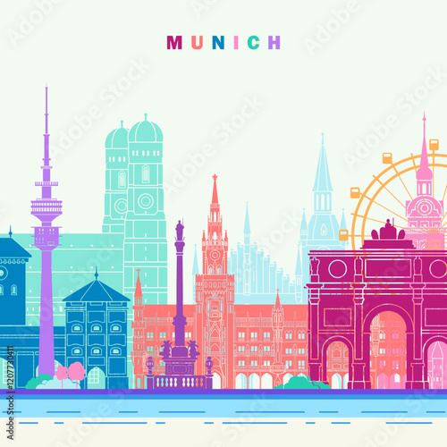 Munich poster design historical symbol buildings colorful canvas silhouettes.