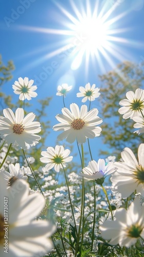 Bright white daisies basking under sunlight in a vivid blue sky during a spri...