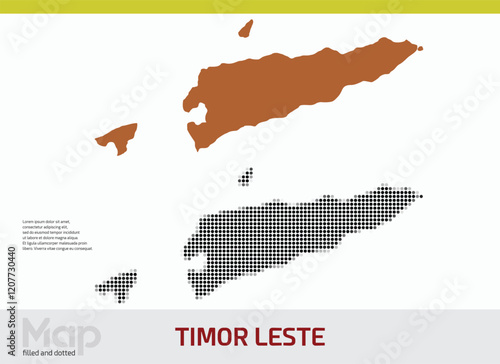 A map of Timor Leste in dual designs, featuring brown-filled details and black abstract dotted patterns, isolated on a white background