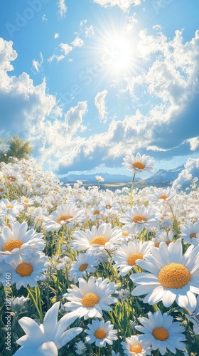 Bright white daisies basking under sunlight in a vivid blue sky during a spri...