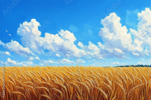 Golden wheat field under a bright blue sky with fluffy white clouds on a sunn...