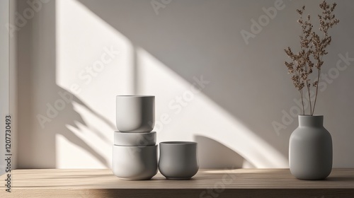 Wallpaper Mural Stacked Minimalist Gray Ceramic Beverage Containers in Sunlit Modern Interior with Wooden Surface and Delicate Dried Flowers Torontodigital.ca