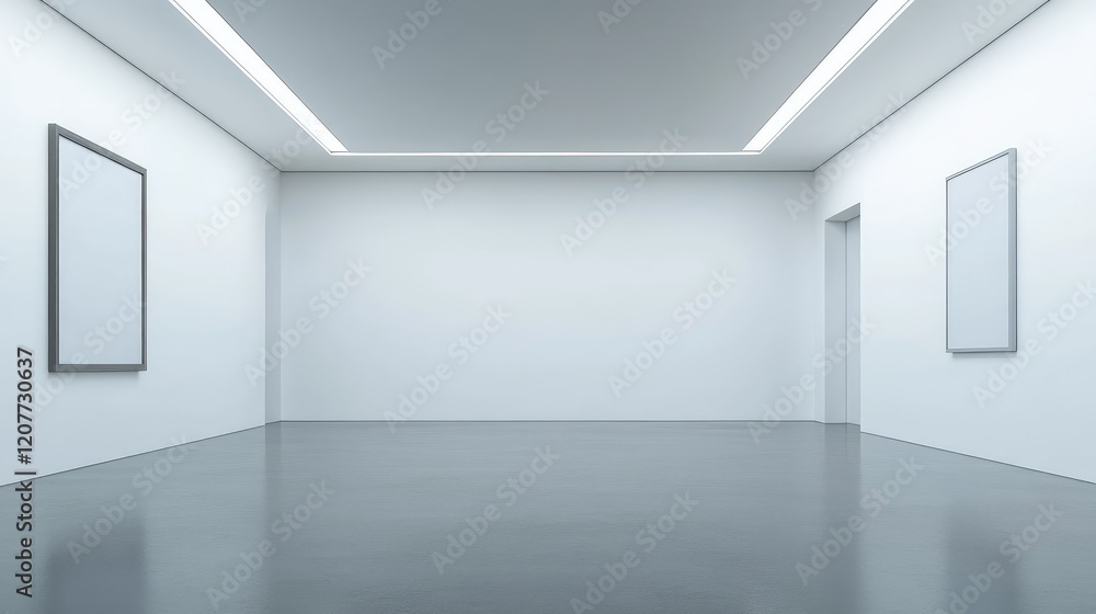 Expansive Minimalist Interior Space Featuring Light Grey Flooring and White Walls Accentuated by Modern Vertical Art Photo Frames Expansive Minimalist Interior Space Featuring Light Grey Flooring and White Walls Accentuated by Modern Vertical Art Photo Frames