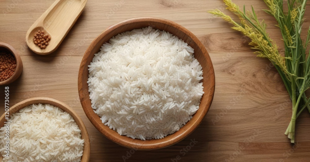 Arrangement of rice in a wooden bowl with natural elements, wooden bowl, natural elements, rustic decor Arrangement of rice in a wooden bowl with natural elements, wooden bowl, natural elements, rustic decor