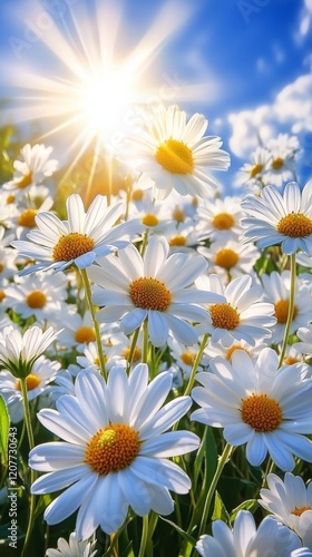 Bright white daisies basking under sunlight in a vivid blue sky during a spri...