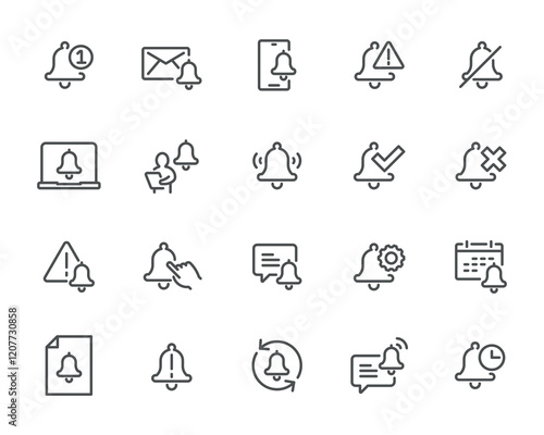 Minimal Notification Icons Bells and Alerts Pack. Includes 20 icons for notifications, warnings, and reminders. Vector based, customizable, and ready for use.