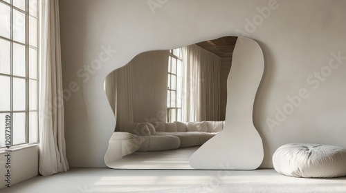 Elegant minimalist full-length mirror with organic shape reflecting soft natural light in a serene interior setting with beige tones and plush furnishings.