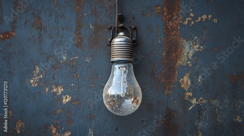 Rustic vintage light bulb hanging against a weathered steel backdrop with peeling paint and rust for an industrial aesthetic scene photo