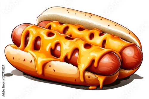 A flat 2D illustration of a wurst sausage on a bun with cheese melting off the sides, drawn with bold outlines and bright colors on a plain white background photo