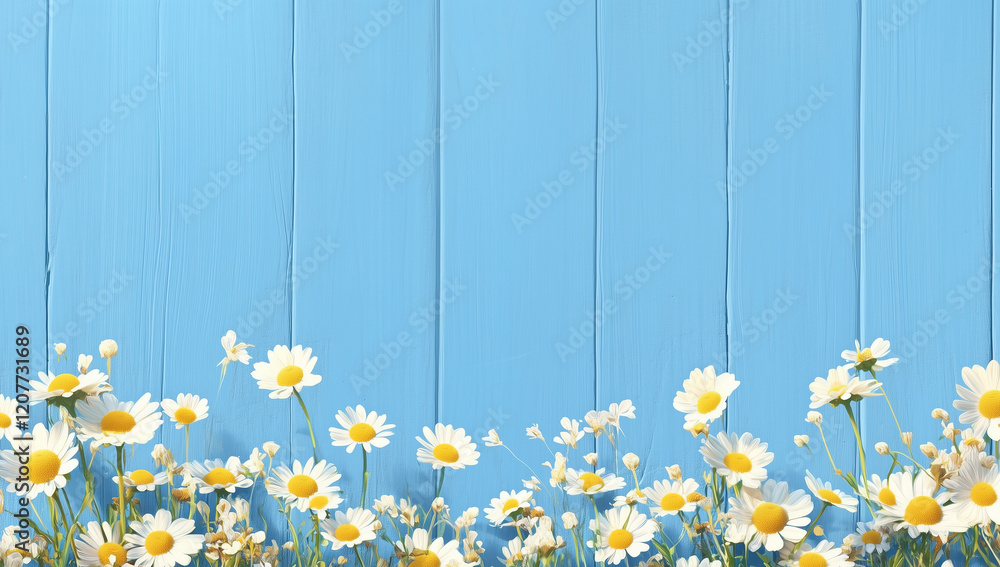 Fototapeta premium Daisey floral arrangement with a wood background painted blue and copy space