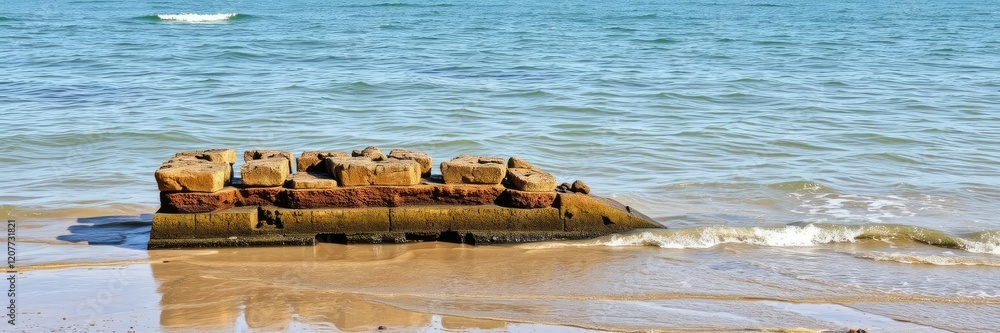 At low tide, the North Sea exposes a section of groyne, revealing layers of sedimentary rock and exposing the underlying geology, low tide, geological formations, erosion At low tide, the North Sea exposes a section of groyne, revealing layers of sedimentary rock and exposing the underlying geology, low tide, geological formations, erosion
