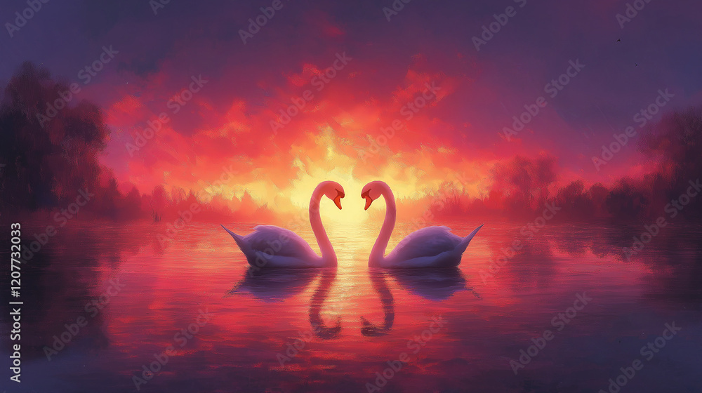 Fototapeta premium Swans in Love at Sunset on a Serene Lake