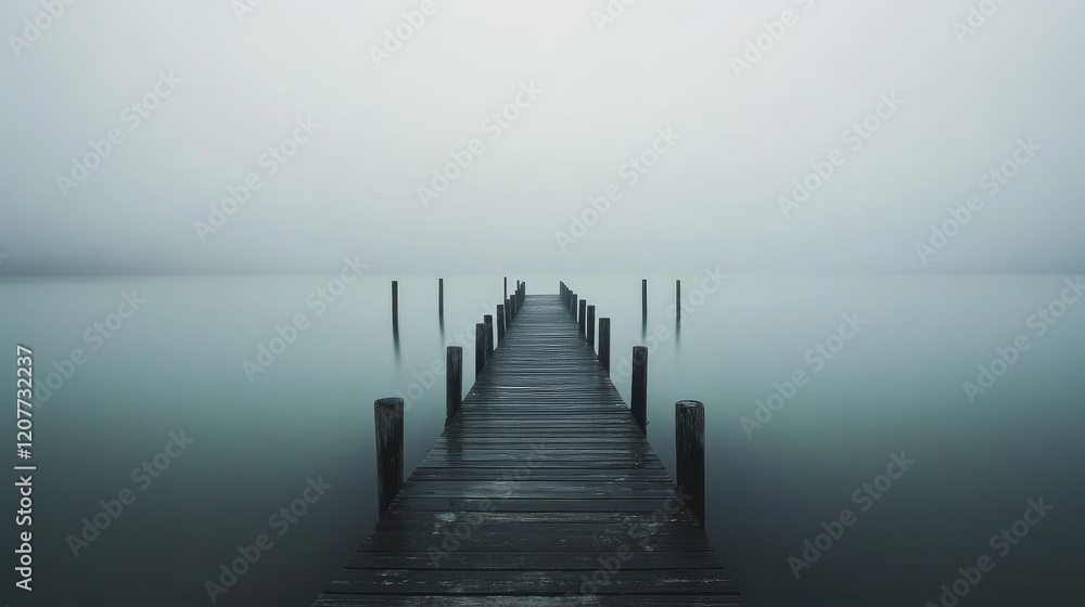 Obraz premium Serene Minimalist Dock in Foggy Waters with Long Exposure Effect Creating Dreamlike Atmosphere