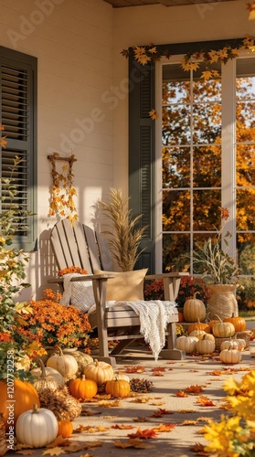 Autumnal porch decor featuring wood chair and pumpkins, exterior, decor, table, autumnal, pillows