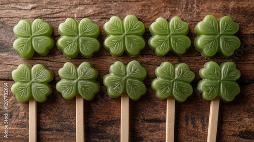 Green clover embellishments arranged on a wooden surface surrounded by leaves