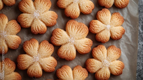 Delicious flower-shaped cookies arranged neatly on parchment paper after baki...