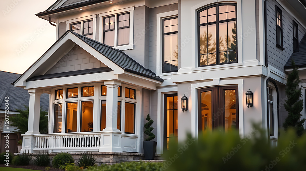 Fototapeta premium Luxury Home Exterior at Dusk: Modern Architectural Design, Gray Facade, White Trim, and Elegant Landscaping