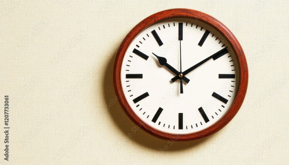 A round wooden wall clock with a white face and black markings, displaying the time clearly against a textured beige background. A round wooden wall clock with a white face and black markings, displaying the time clearly against a textured beige background.