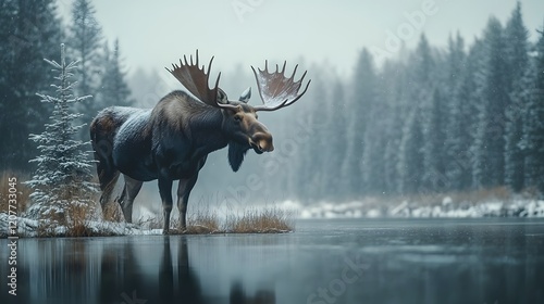 A Majestic Moose Bull Grazing on Spruce in a Winter Wonderland Captured in National Geographic Style photo