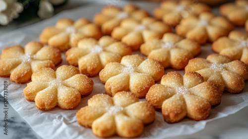 Delicious flower-shaped cookies arranged neatly on parchment paper after baki...