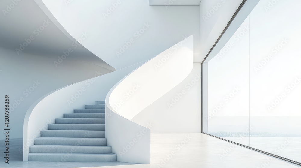 Obraz premium Modern Minimalist Interior Featuring Curved White Staircase Against Bright Light Background and Expansive Glass Window ë¶ë¶€ í–‡ë¹›