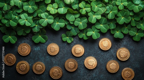 Coins arranged among fresh green clovers on a dark surface for a festive cele...