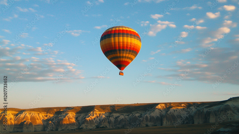 Obraz premium A brightly striped hot air balloon flying in the morning sky over the scenic rocks of Cappadocia