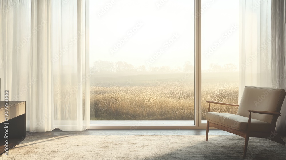 Fototapeta premium Modern minimalist interior design featuring soft neutral tones and expansive windows with a serene meadow view bathed in natural light.