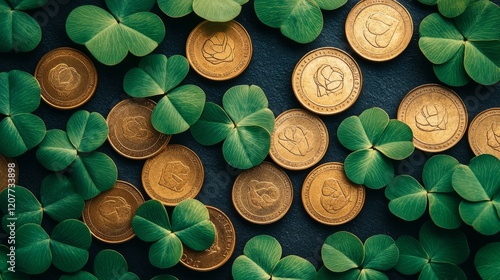 Coins arranged among fresh green clovers on a dark surface for a festive cele...