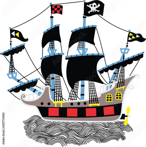 Colorful Cartoon Pirate Ship Illustration on White Background