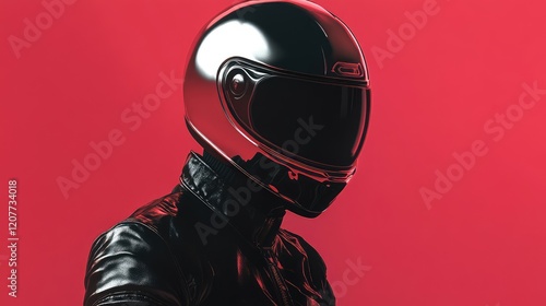 Man in black leather jacket and glossy reflective helmet against vibrant red background, side profile view capturing modern motorcycle style. photo