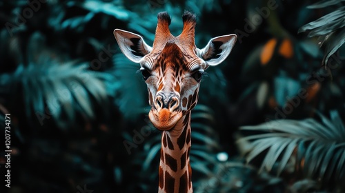 Close up portrait of a giraffe surrounded by lush greenery in a natural habitat showcasing its unique features and vibrant colors.