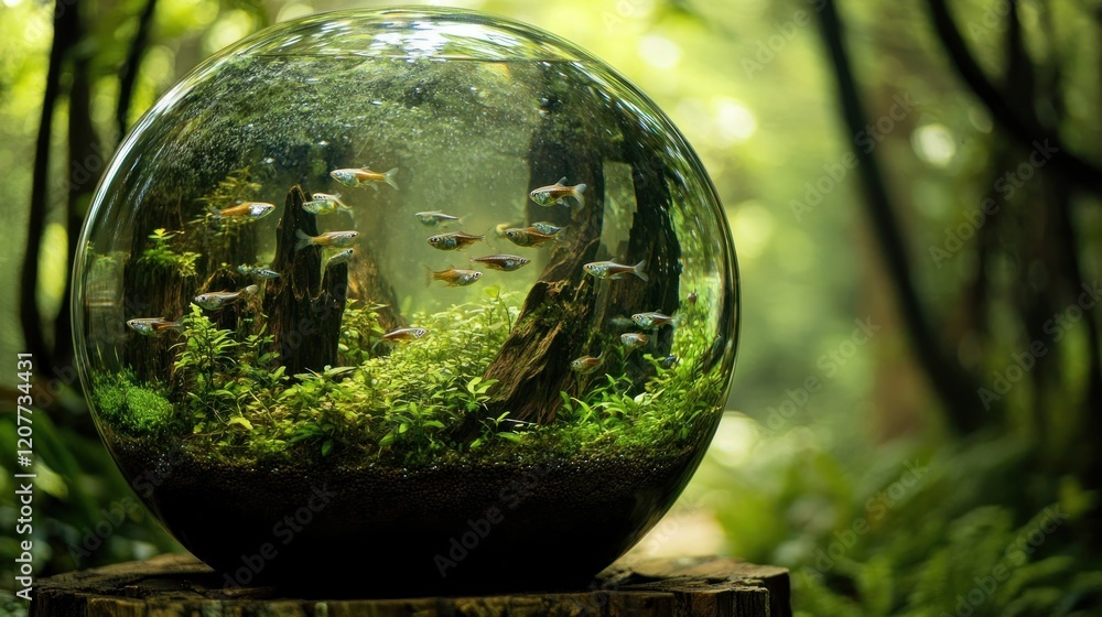Spherical aquarium, fish swimming, lush forest backdrop, nature scene, home decor Spherical aquarium, fish swimming, lush forest backdrop, nature scene, home decor