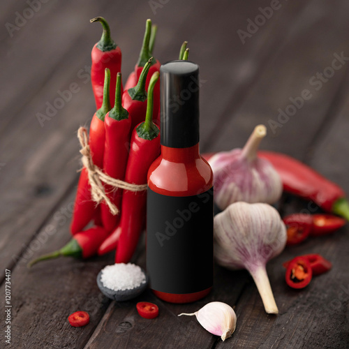 Bottle of red hot sauce with chili peppers, garlic on wooden table. Barbecue sauce. Spicy Food. Harissa. Ketchup. Gochujang, Piri Piri, Sambal Oelek, Chipotle. Adjika. Grilling, marinades. Copy space. photo